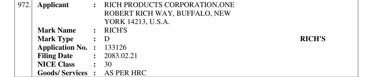 Original bulletin entry for RICH'S