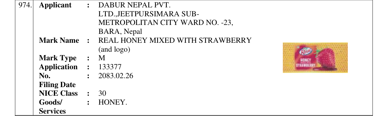 Original bulletin entry for REAL HONEY MIXED WITH STRAWBERRY (and logo)