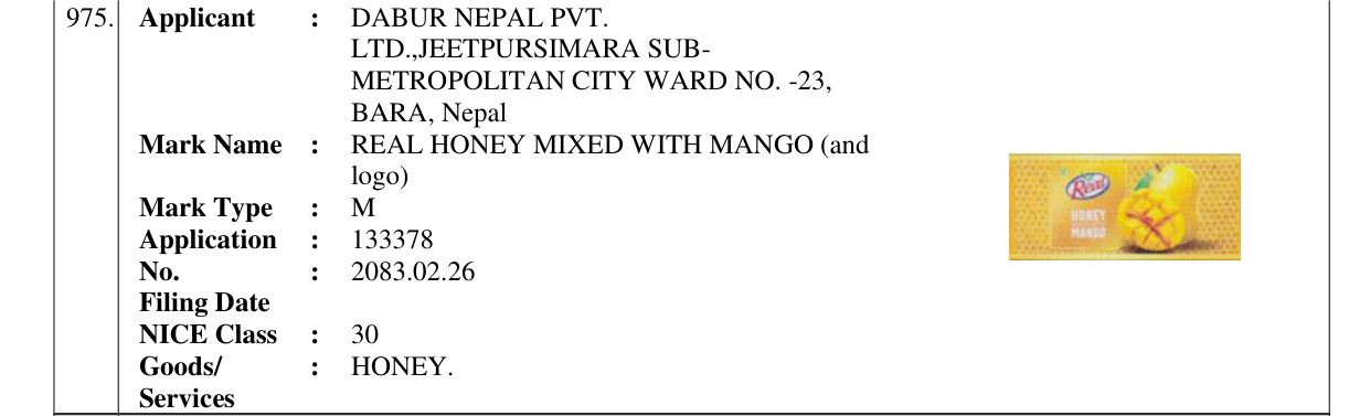 Original bulletin entry for REAL HONEY MIXED WITH MANGO (and logo)