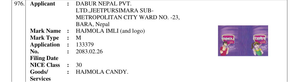 Original bulletin entry for HAJMOLA IMLI (and logo)