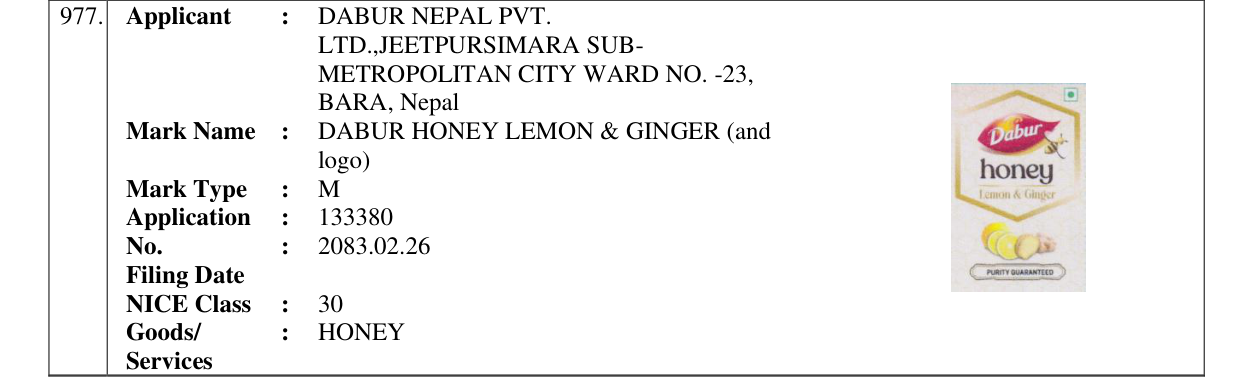Original bulletin entry for DABUR HONEY LEMON & GINGER (and logo)
