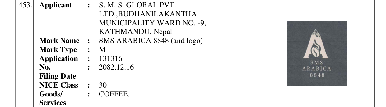 Original bulletin entry for SMS ARABICA 8848 (and logo)