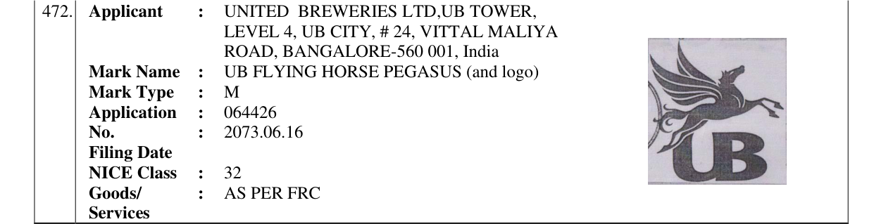 Original bulletin entry for UB FLYING HORSE PEGASUS (and logo)