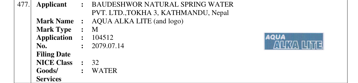 Original bulletin entry for AQUA ALKA LITE (and logo)