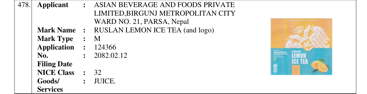 Original bulletin entry for RUSLAN LEMON ICE TEA (and logo)