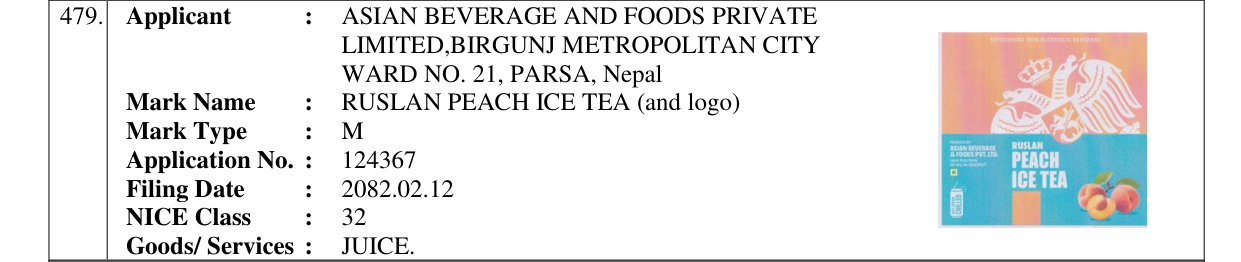 Original bulletin entry for RUSLAN PEACH ICE TEA (and logo)