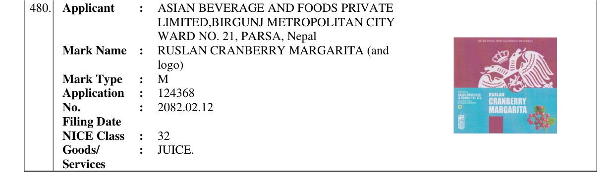 Original bulletin entry for RUSLAN CRANBERRY MARGARITA (and logo)