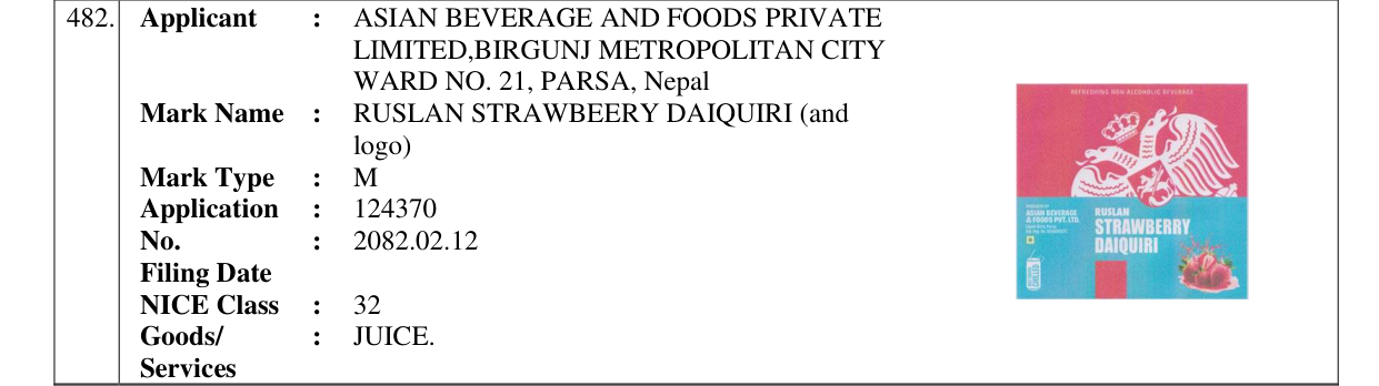 Original bulletin entry for RUSLAN STRAWBEERY DAIQUIRI (and logo)