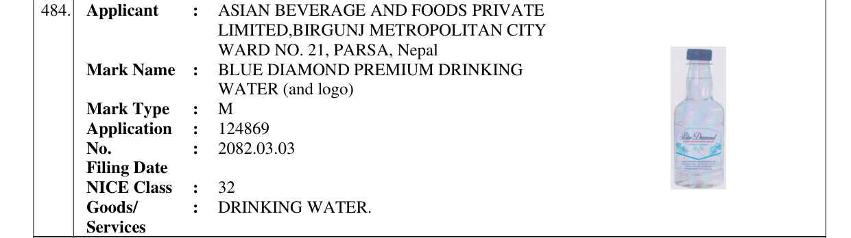Original bulletin entry for BLUE DIAMOND PREMIUM DRINKING WATER (and logo)