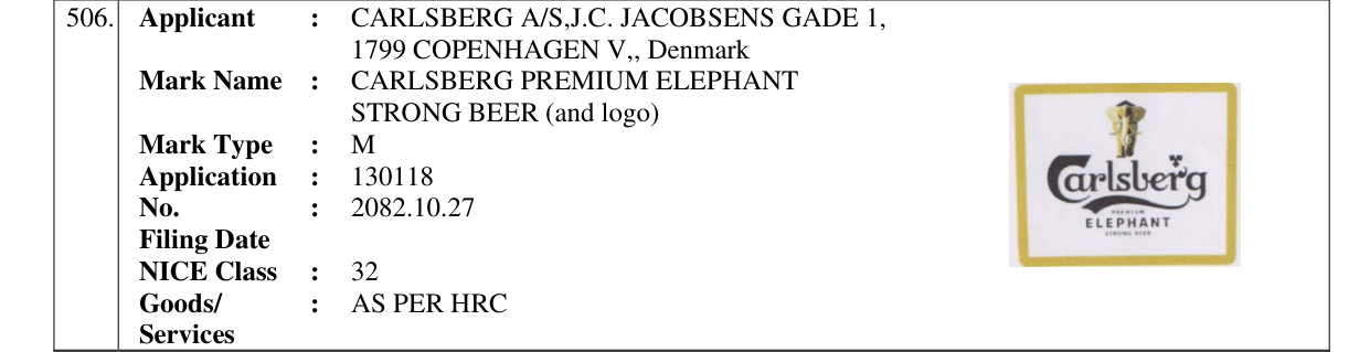 Original bulletin entry for CARLSBERG PREMIUM ELEPHANT STRONG BEER (and logo)