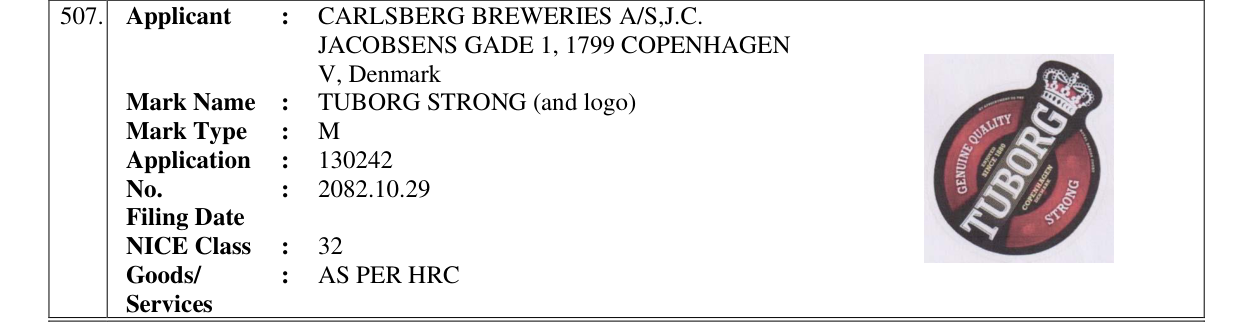 Original bulletin entry for TUBORG STRONG (and logo)