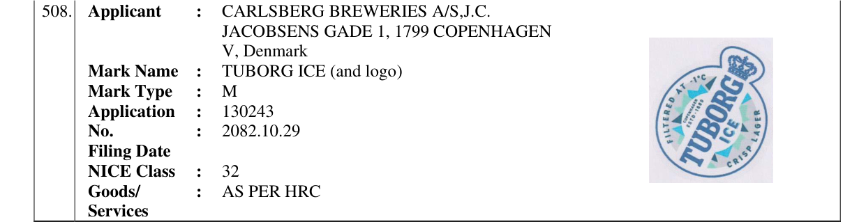 Original bulletin entry for TUBORG ICE (and logo)