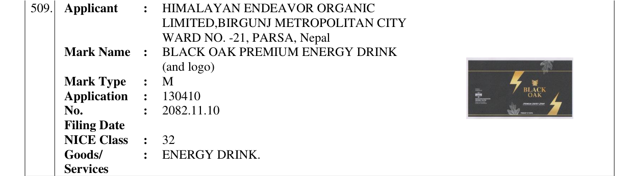 Original bulletin entry for BLACK OAK PREMIUM ENERGY DRINK (and logo)