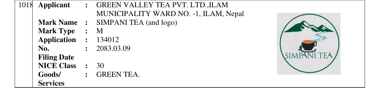 Original bulletin entry for SIMPANI TEA (and logo)