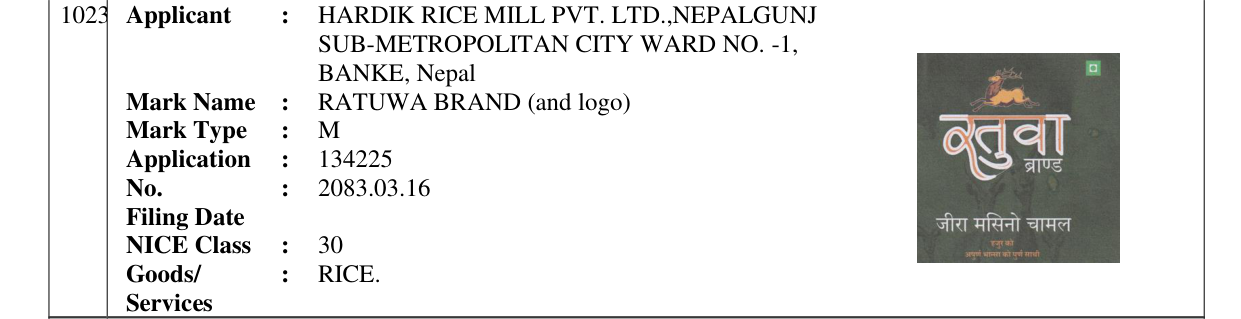 Original bulletin entry for RATUWA BRAND (and logo)