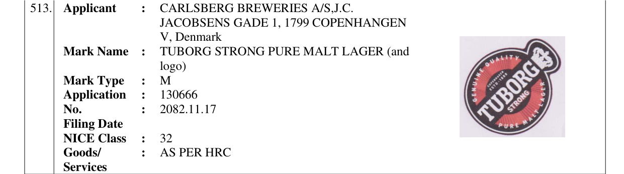 Original bulletin entry for TUBORG STRONG PURE MALT LAGER (and logo)