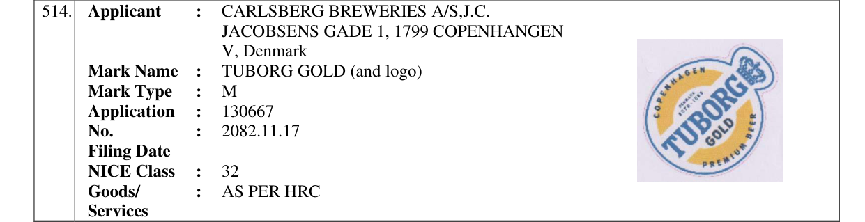 Original bulletin entry for TUBORG GOLD (and logo)