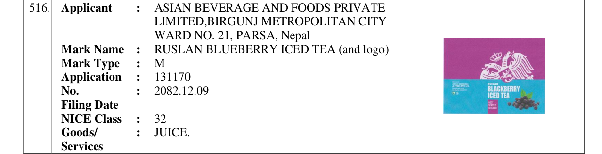 Original bulletin entry for RUSLAN BLUEBERRY ICED TEA (and logo)