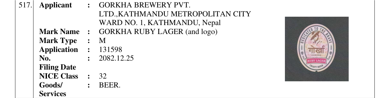 Original bulletin entry for GORKHA RUBY LAGER (and logo)
