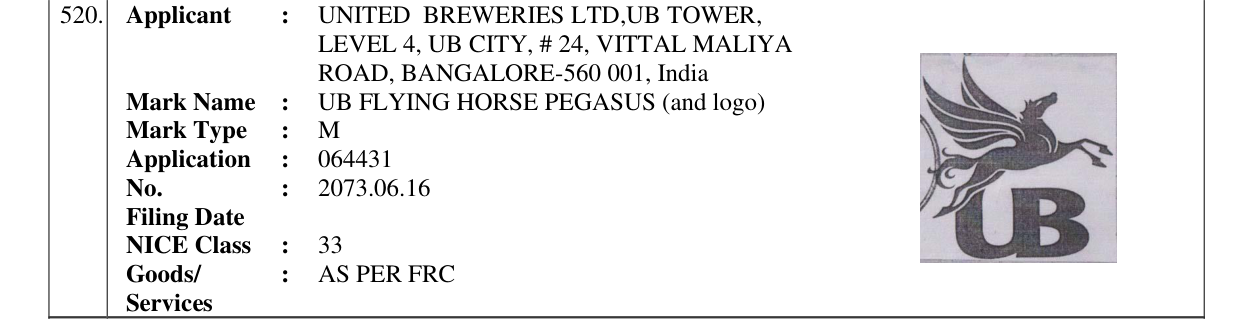 Original bulletin entry for UB FLYING HORSE PEGASUS (and logo)