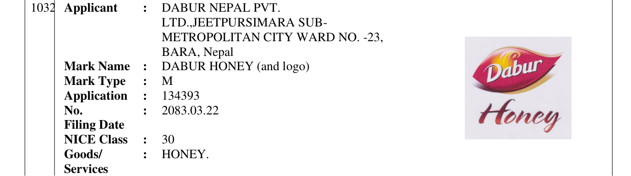 Original bulletin entry for DABUR HONEY (and logo)