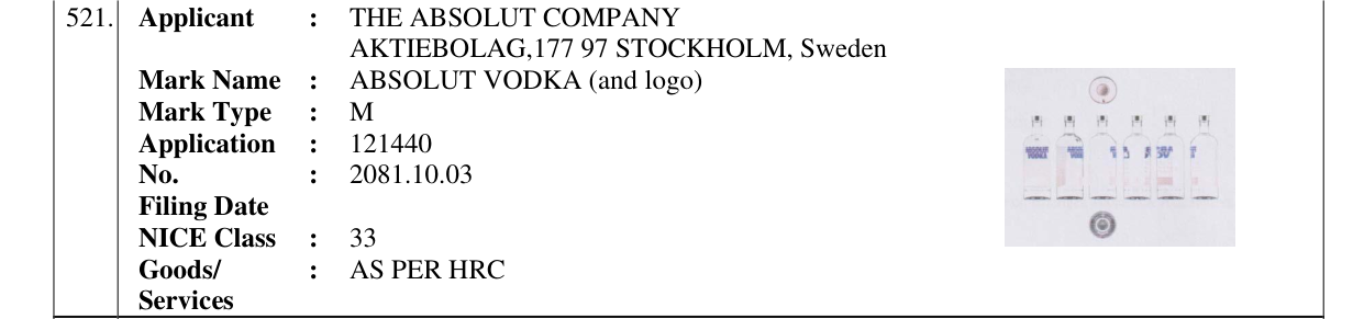 Original bulletin entry for ABSOLUT VODKA (and logo)