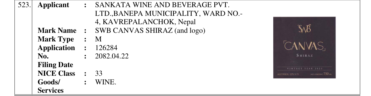 Original bulletin entry for SWB CANVAS SHIRAZ (and logo)