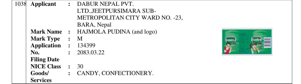 Original bulletin entry for HAJMOLA PUDINA (and logo)