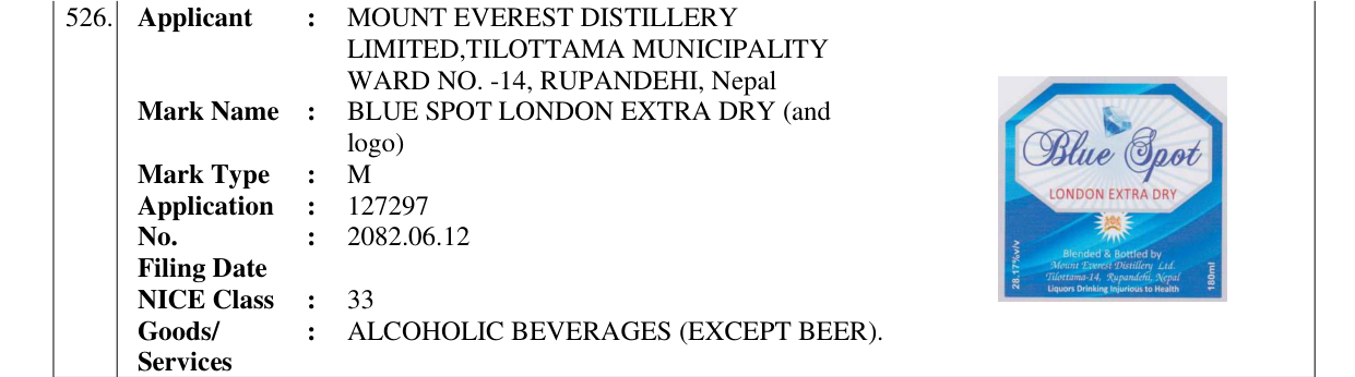Original bulletin entry for BLUE SPOT LONDON EXTRA DRY (and logo)