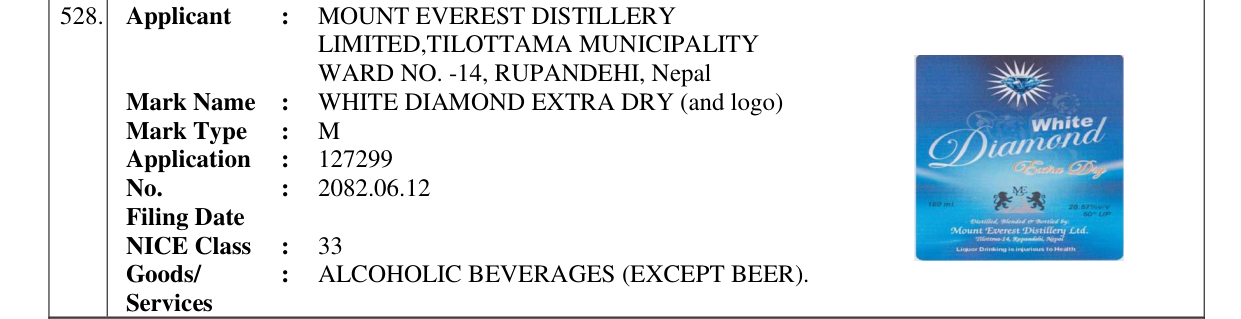 Original bulletin entry for WHITE DIAMOND EXTRA DRY (and logo)