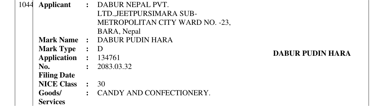 Original bulletin entry for DABUR PUDIN HARA