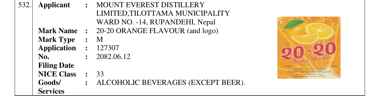 Original bulletin entry for 20-20 ORANGE FLAVOUR (and logo)