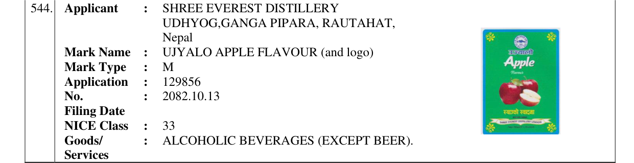Original bulletin entry for UJYALO APPLE FLAVOUR (and logo)