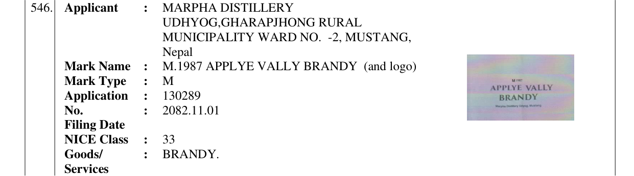 Original bulletin entry for M.1987 APPLYE VALLY BRANDY (and logo)