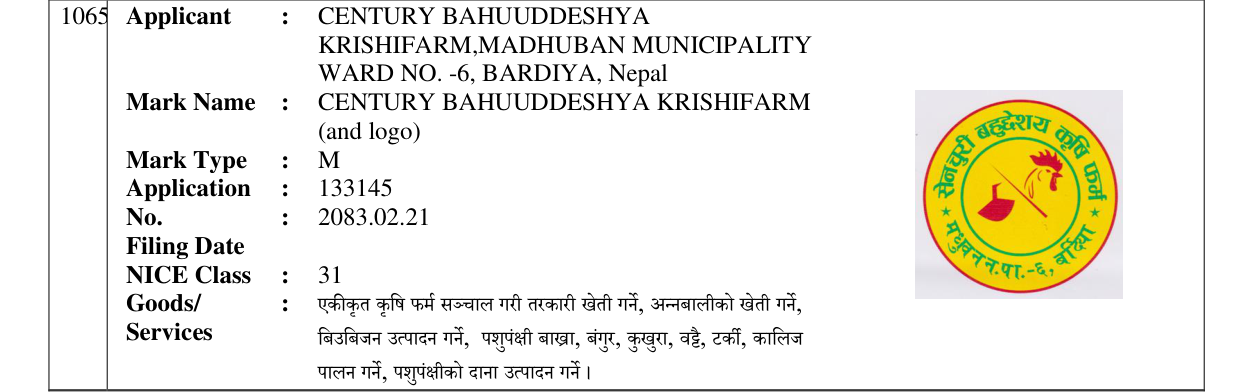 Original bulletin entry for CENTURY BAHUUDDESHYA KRISHIFARM (and logo)