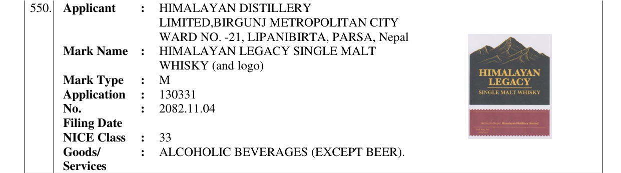 Original bulletin entry for HIMALAYAN LEGACY SINGLE MALT WHISKY (and logo)