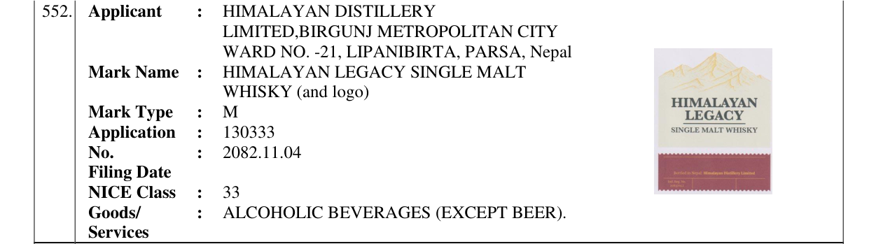 Original bulletin entry for HIMALAYAN LEGACY SINGLE MALT WHISKY (and logo)