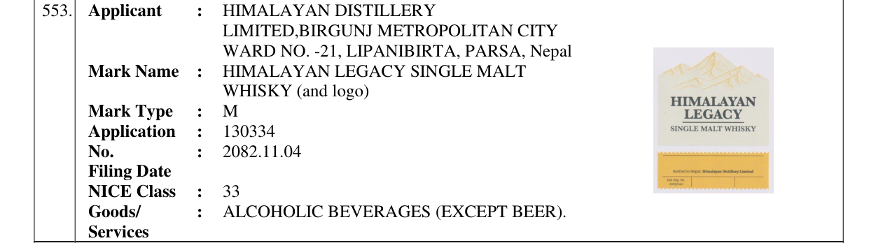 Original bulletin entry for HIMALAYAN LEGACY SINGLE MALT WHISKY (and logo)