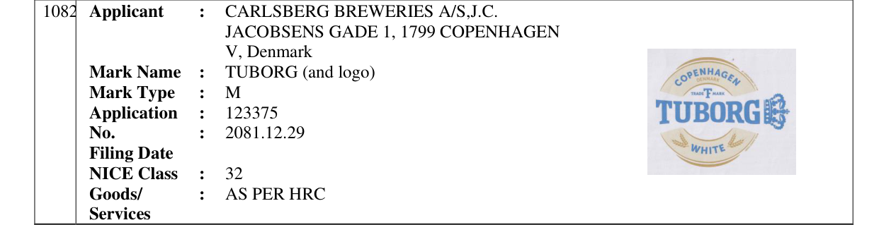 Original bulletin entry for TUBORG (and logo)