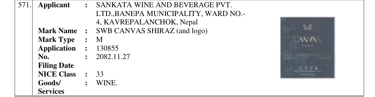 Original bulletin entry for SWB CANVAS SHIRAZ (and logo)