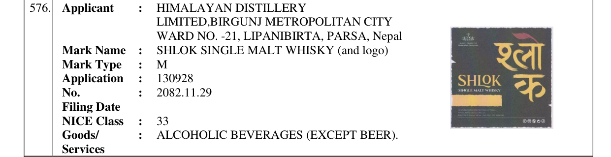 Original bulletin entry for SHLOK SINGLE MALT WHISKY (and logo)