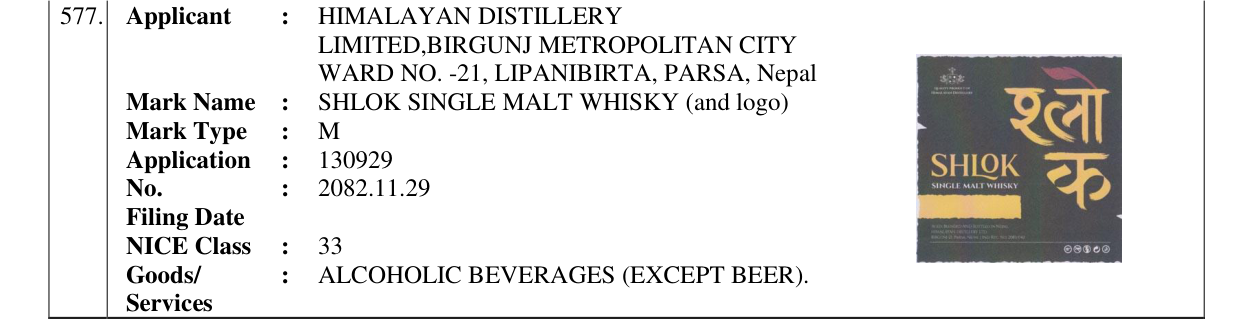 Original bulletin entry for SHLOK SINGLE MALT WHISKY (and logo)