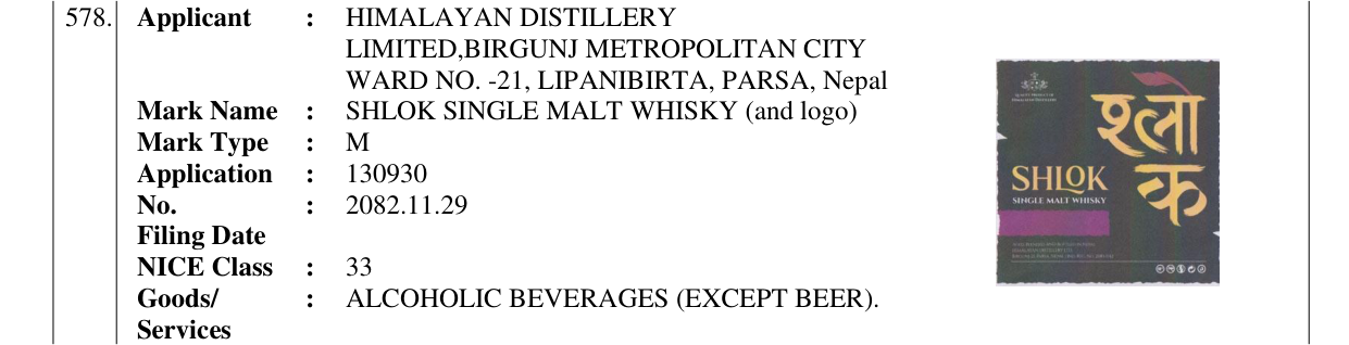 Original bulletin entry for SHLOK SINGLE MALT WHISKY (and logo)