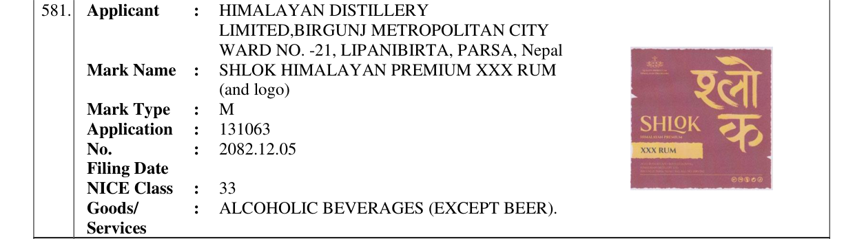 Original bulletin entry for SHLOK HIMALAYAN PREMIUM XXX RUM (and logo)
