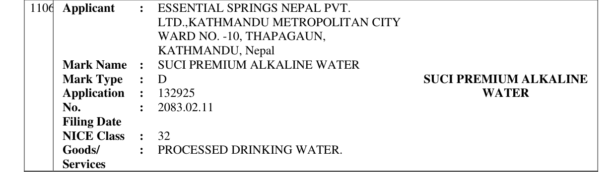 Original bulletin entry for SUCI PREMIUM ALKALINE WATER