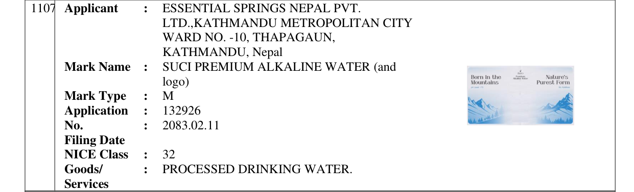 Original bulletin entry for SUCI PREMIUM ALKALINE WATER (and logo)