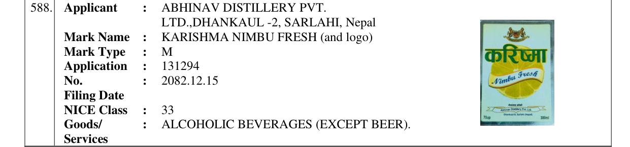 Original bulletin entry for KARISHMA NIMBU FRESH (and logo)