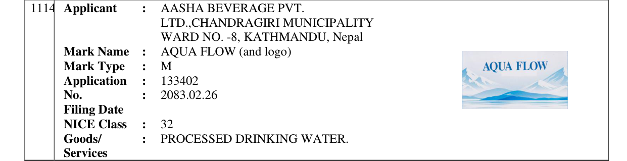 Original bulletin entry for AQUA FLOW (and logo)