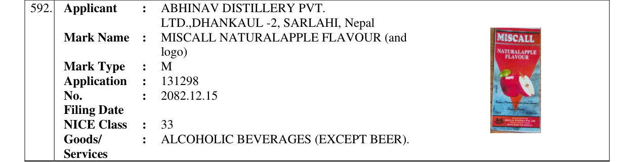 Original bulletin entry for MISCALL NATURALAPPLE FLAVOUR (and logo)