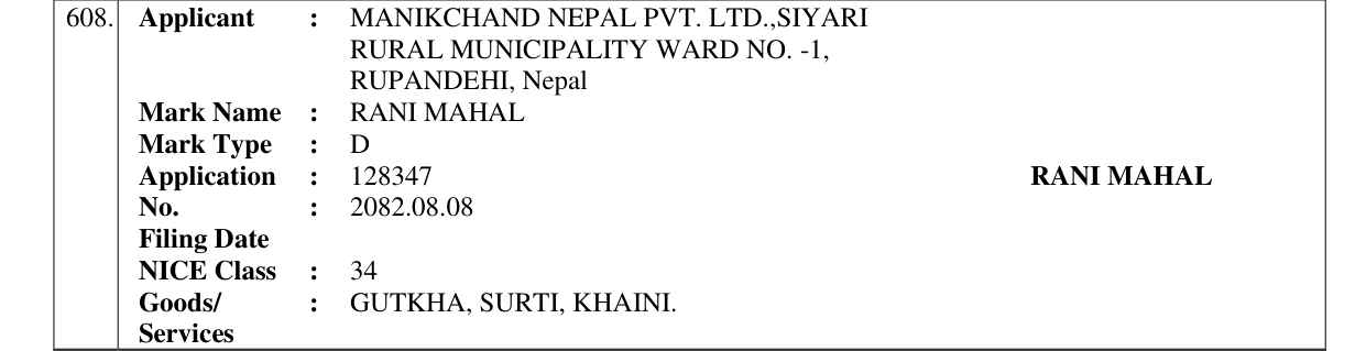 Original bulletin entry for RANI MAHAL
